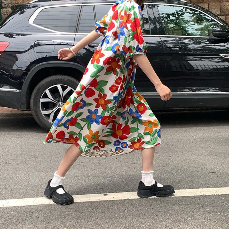 Cute Girl Puff Sleeve Dress Retro Print Long Loose Mid-length Skirt