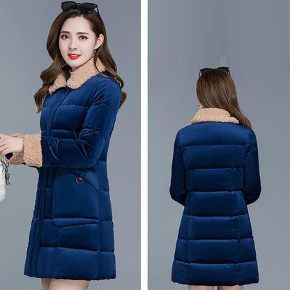 Women's Winter Korean Loose Quilted Coat Warm Padded Stand-collar Down Jacket Women's Solid Color Regular Down Jacket with Fur Collar