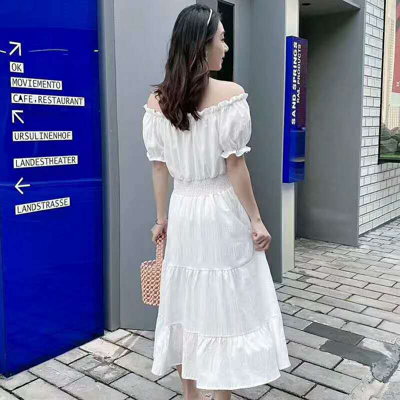 Summer One-shoulder Mid-length Dress Female French Waist Temperament Thin Fairy Skirt Gentle and Cute Retro Style Dress