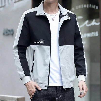 Spring and Autumn Men's Jacket Stand Collar Coat Colorblock Printing Top Trend Simple Bomber Jacket Zipper Sportwear