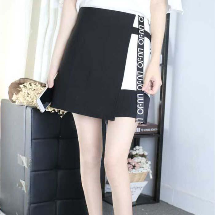 Pofulove Women Anti-light Irregular Contrast Color Skirt High Waist Slim Sexy Package Hip Skirts