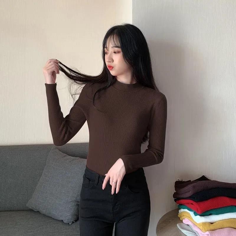 Women's Solid Color Half Turtleneck Pullover Bottoming Shirt Slim Fit Versatile Sweater