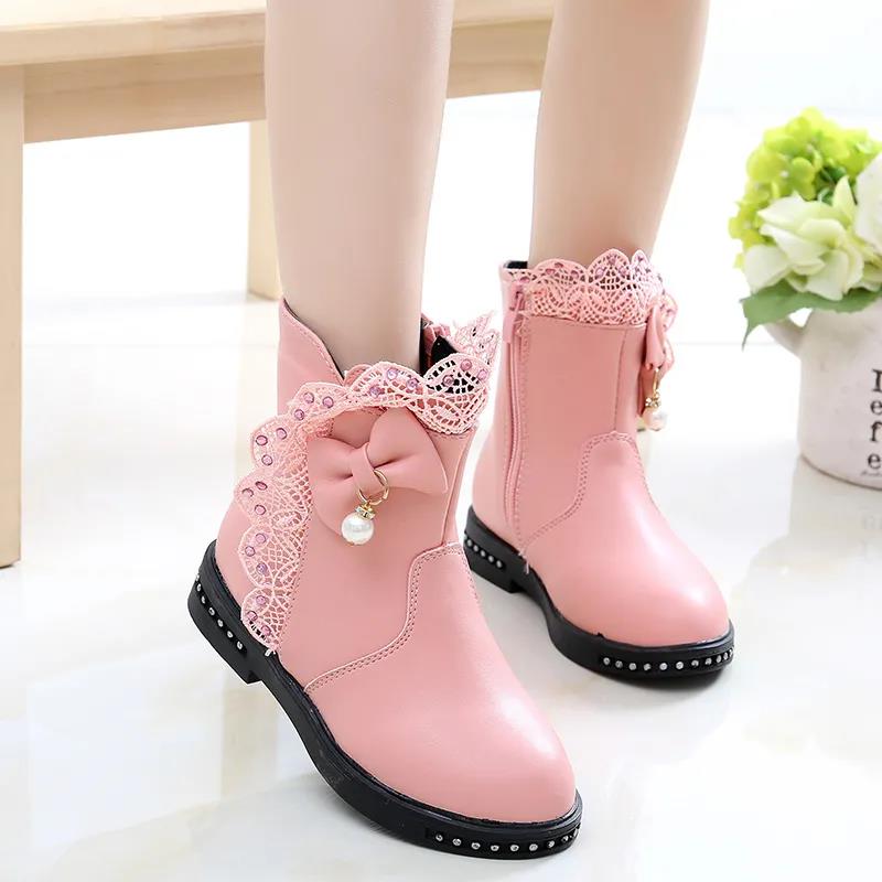 Girls' Boots Plus Velvet Mid-tube Boots Big Children's Leather Boots Cotton Boots Children's Martin Boots Lace Snow