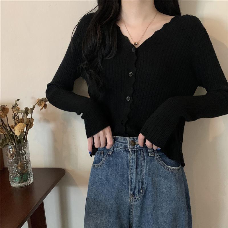 Early Autumn V-neck Sweater Long-sleeved Cardigan Sweater Small Coat All-match Female Gentle Wind Ladies Slim Pure Color Simple Top