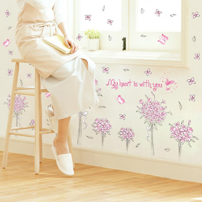 Pink flower group bedroom living room TV sofa wall stickers green stickers romantic love wallpaper