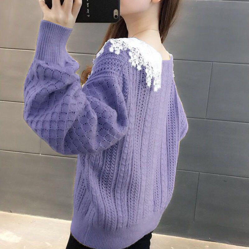Spring and Autumn Style Outer Wear Lace Doll Collar Sweater Loose Long Sleeve Sweater Women
