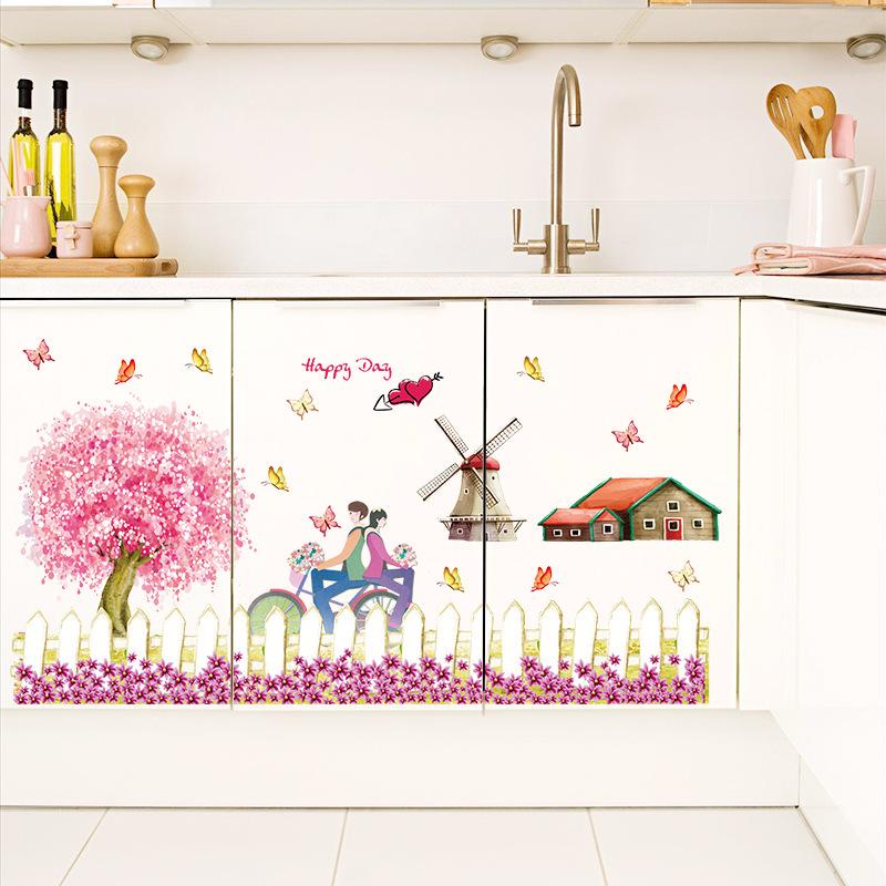 pink rustic style removable wall stickers wholesale living room bedroom wall stickers windmill fence