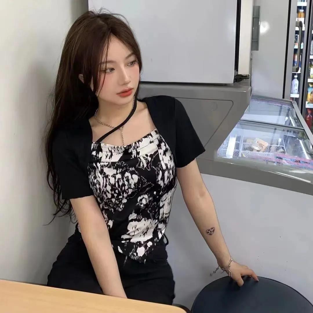 Splicing T Shirt Summer Fashion Women Cool Irregular Print T-Shirt  Loose Casual Tee