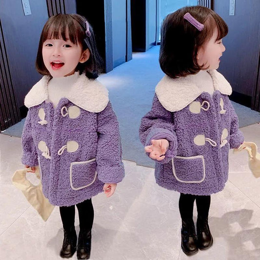 Girls Lamb Wool Coat Winter Plus Velvet Thickening To Keep Warm Foreign Girl Baby Horns Buckle Wool Sweater Warm Cotton Clothing