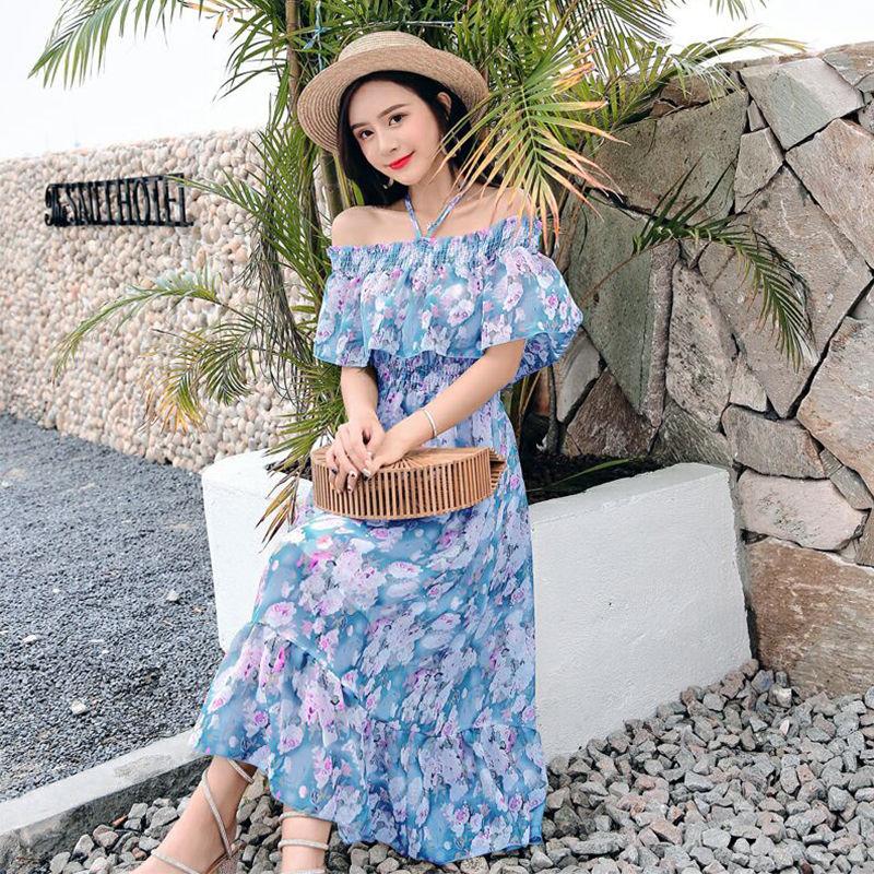 Off-the-shoulder One-word Neck Floral Chiffon Dress Female Mid-length Sexy Beach Dress Super Fairy Fairy Dress Plus Size Dress Waist Is Slim