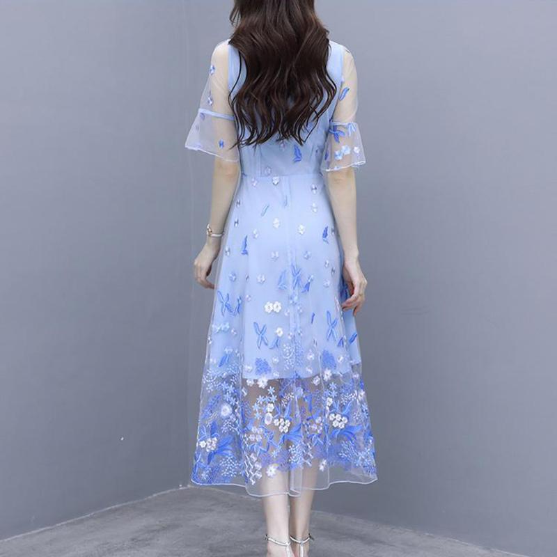 Women's Embroidery Blue Dress Super Fairy Long Fairy Skirt High-end Mesh Skirt Chiffon A-line Floral Dress Fabric Lightweight and Breathable