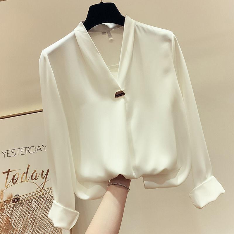 White Shirt Temperament Was Thin V-neck Long-sleeved Loose Solid Color Shirt Female Super Fairy Blouse Work Clothes Suit with Shirt