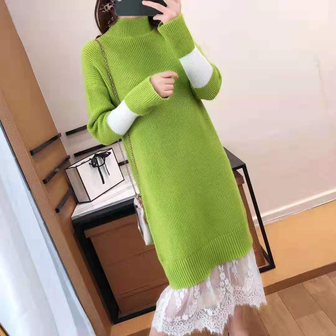 Pofulove 5 Colors Pretty Women Winter Sweater Dress Sweet O-neck Lace Knitted Long Pullover Skirt
