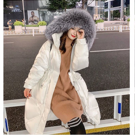 Black Shiny Down Jacket Women's Mid-length, Waist, Explosive, Large Fur Collar, Thickened Tooling Jacket