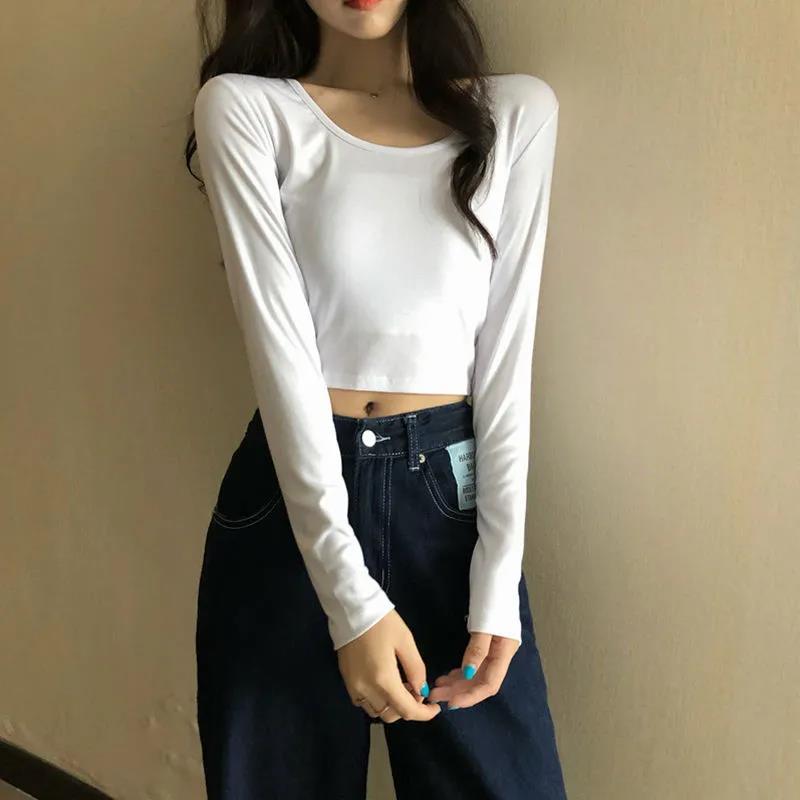 Spring Fall Summer Fashion Women Clothes Cotton Round Collar Long Sleeves Elastic High Waist Sexy Pullover