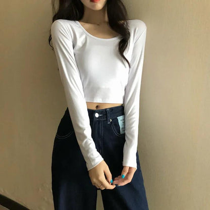 Spring Fall Summer Fashion Women Clothes Cotton Round Collar Long Sleeves Elastic High Waist Sexy Pullover