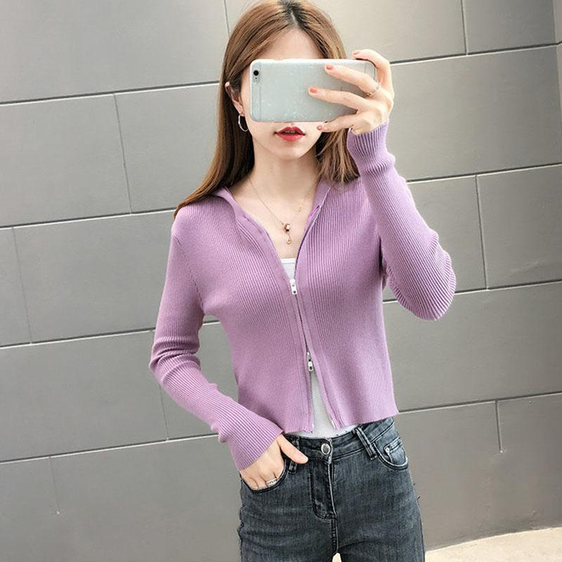 Spring and Autumn Knitted Cardigan Sweater Short Hooded Slim Top Solid Color Zipper Female Jacket