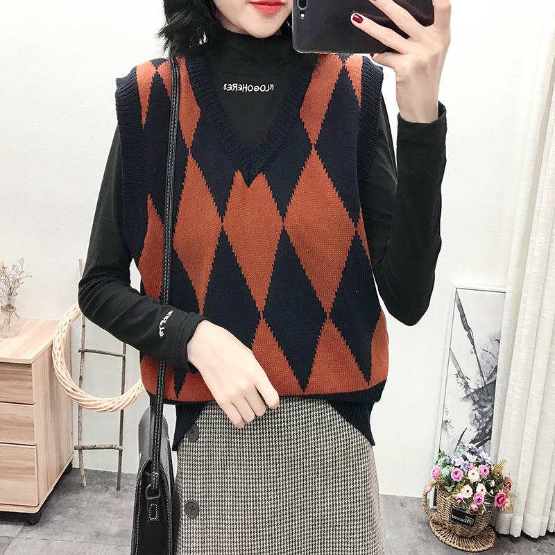 Diamond Check V-Neck Knitted Vest Women's Sweater Autumn and Winter Korean Loose Wild Sweater Vest Sleeveless Sweater