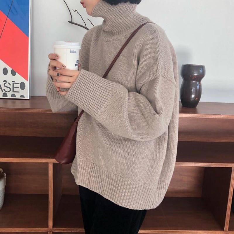 Sweater Coat Girl Student Loose Solid Color Turtleneck Long Sleeve Sweater Mid-Long
