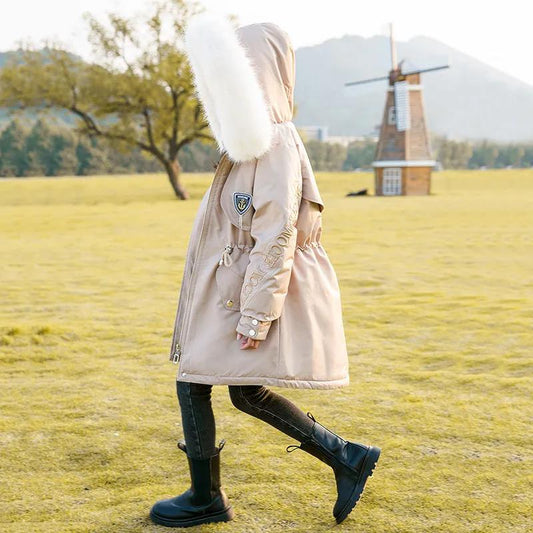 Girls Big Fur Collar Winter Coat Thicken Korean Style Pie To Overcome cotton clothes Warm and Windproof Plus Fleece Jacket