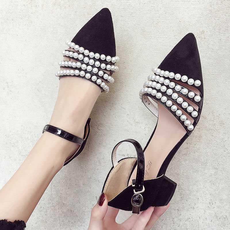 Plus Size 35-39 Summer Women Bohemian Prom High Heels Wear-resistant Non-slip Office Lady Sandals Pearl Shoes