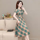 Women's Summer Plaid Dress Large Size Loose V-Neck A-Line Skirt