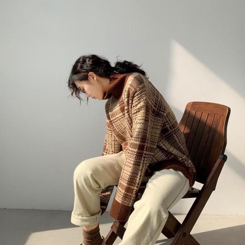 Autumn Winter  Women Fashion Sweater Casual Knitting Plaid Sweater  Round Neck Pullovers Loose Casual Long Sleeve Sweater