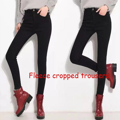 Fleece Cropped Trousers Winter High Waist Solid Color Plus Size Slimming Plus Cotton Warm Feet Jeans Thick Slim Stretch Pants