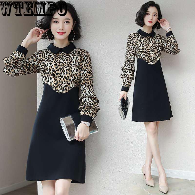 Leopard Ruffled Long Sleeve Dress Female 2019 Spring Fashion Doll Collar Long A Word Bottom Dresses