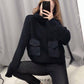Lazy Wind Loose Head High Collar Women Knit Sweater Pure Black Double Pockets Lady Sweaters