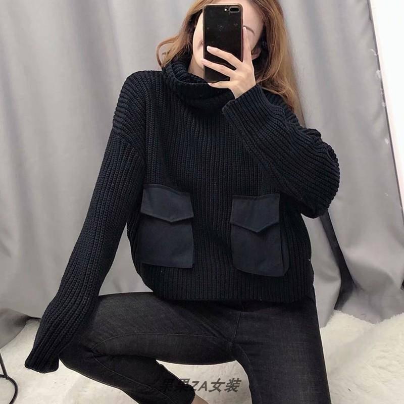 Lazy Wind Loose Head High Collar Women Knit Sweater Pure Black Double Pockets Lady Sweaters