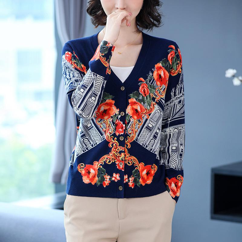 Women's  Print Cardigan Autumn and Winter Retro Loose Wool Sweater Plus Size Short Cardigan Sweater
