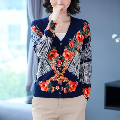 Women's  Print Cardigan Autumn and Winter Retro Loose Wool Sweater Plus Size Short Cardigan Sweater