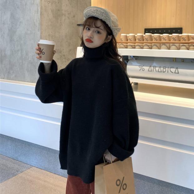 Winter Thick Solid Color Sweater Female Students Korean Turtleneck Pullover Bottoming Shirt Wild Split Stitch Loose Knit Sweater Jacket