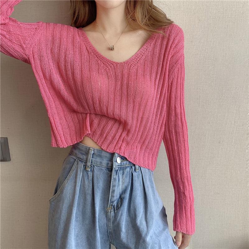 Girly White V-neck Sweater Women Spring and Autumn Korean Loose Thin Long-sleeved Sunscreen Top