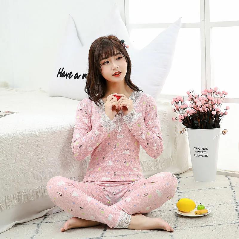Qiuyi Long Trousers Women's Suit V-neck Round Neck Spring and Autumn Girls Students with Slim Bottoming Underwear Ladies Suit