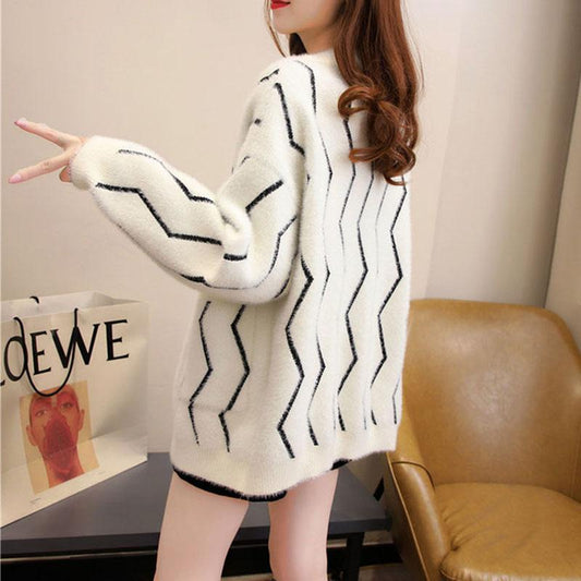 Autumn and Winter Mohair Cardigan Jacket Wild Loose Casual Sweater V-neck Knitted Female Top
