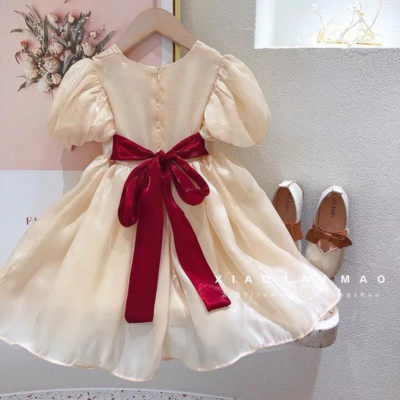 Girls Dress Summer Temperament Solid Color Retro Style Puff Sleeve Princess Dress 4-8 Years Old Girl Sweet Dress A-line Skirt