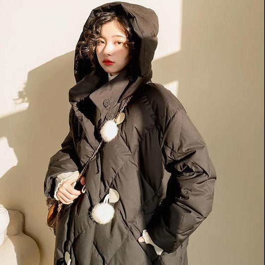 Duck Down Retro Diamond Lattice Horn Buckle Real Hair Ball Cute Down Jacket Mid-length Hooded Loose Warm Jacket Women