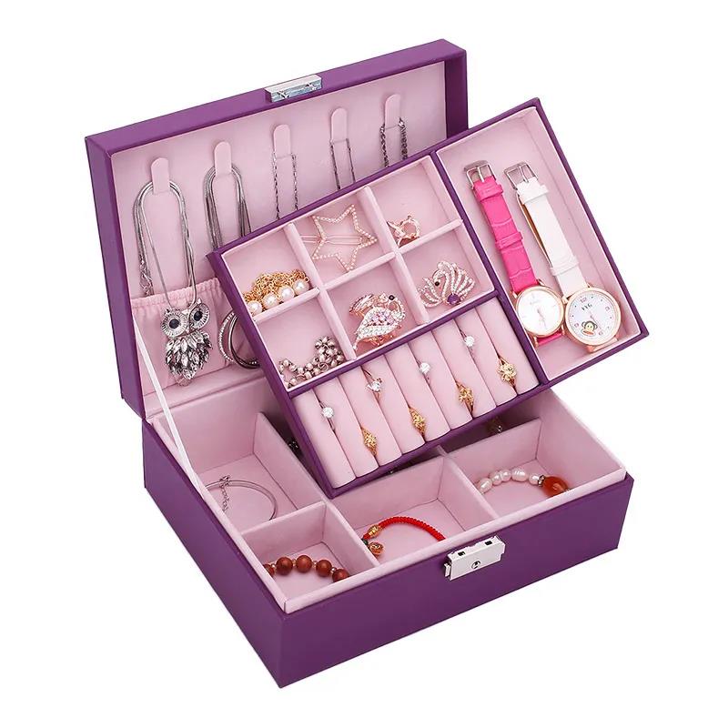 Jewelry Box Leather with Lock European Double Wood Jewelry Storage Box Earrings Ring Necklace Jewelry Storage Box