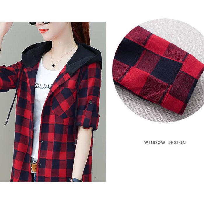 Boutique Plaid Jacket Women Hooded Windbreaker Trendy Slim Thin Coat Casual Comfort Top for Youth