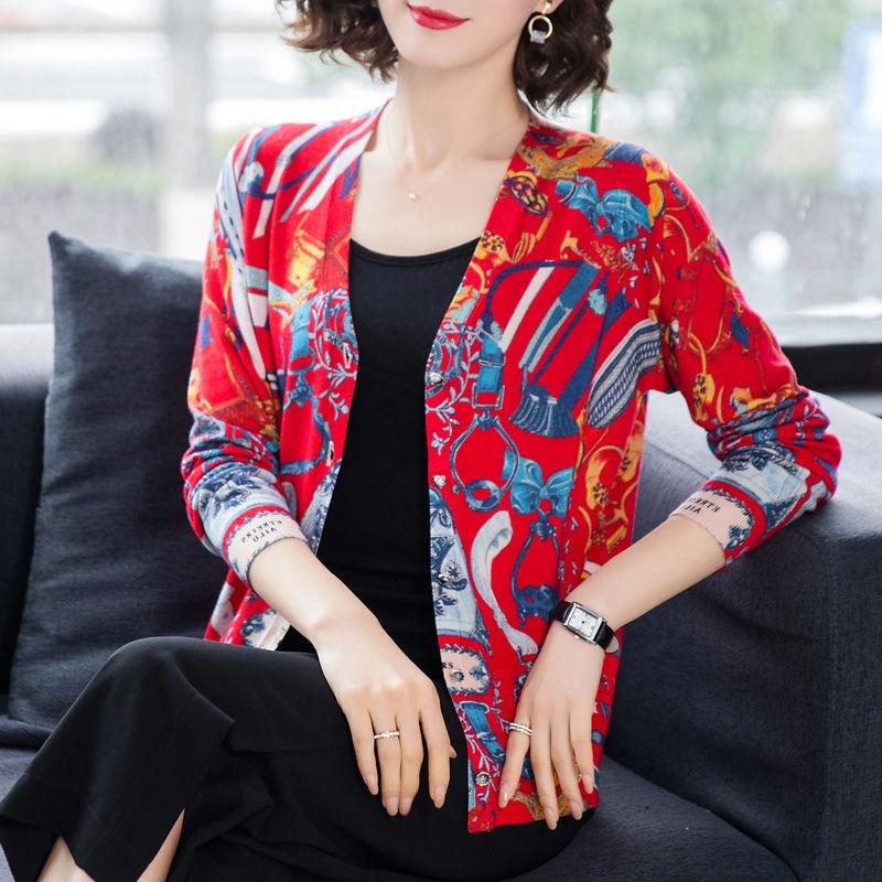 Bohemian Printed Cardigan Women's High-end Thin Short Knitted Jacket Loose Wool Cardigan Plus Size Woollen Sweater Outer Wear