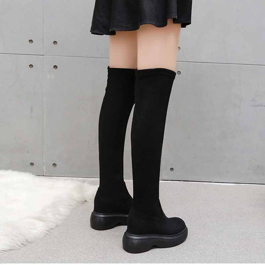 Over-the-knee Boots Women's New Style Plus Velvet Thick-soled High-heeled 5cm Stretch Boots Inner Heightening Long Barrel Knight Boots