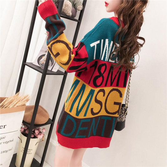 Letter Print Pullover Sweater Women Student Korean Loose Sweater Dress Top Autumn Winter Casual Bottoming Shirt Jumper