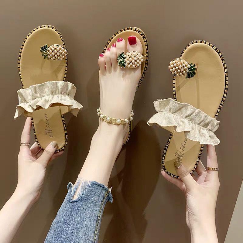 Women Flats Slippers Summer Casual Flip Flops Flowers Pearl Woman Flat Shoes 35-39 Size Comfortable Female Beach Sandals