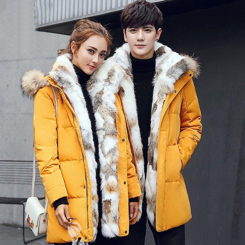 Fashion Big Fur Collar Couple Wear Down Jacket  Mid-length Plus Velvet Thickening Slim Plus Size Winter Jacket