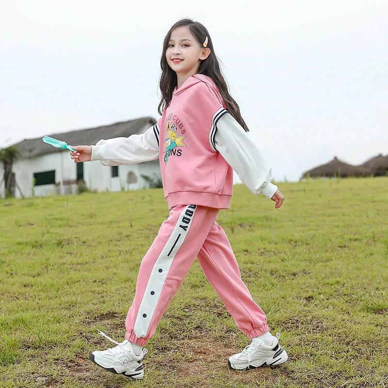 Girls' Suits Spring and Autumn Children's Loose and Casual Hooded Color-blocking Long-sleeved Tops Contrast Color Design Trousers Two-piece Set