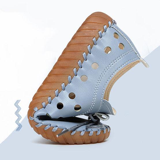 Women's Spring Summer Large Size Flat Shoes Non Slip Soft Sole Solid Color Hollow Out Leather Shoes