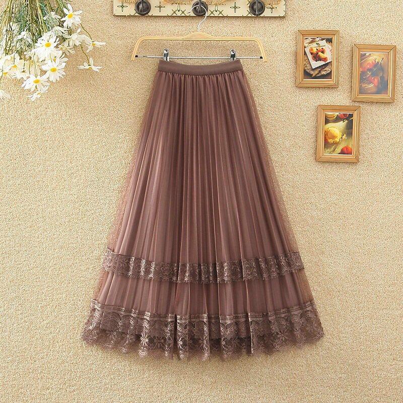 Golden Velvet Yarn Skirt Woman's Mid-length Elastic Waist Printed Lace High Waist A-line Skirt Pleated Skirt School Work Travel