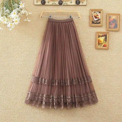 Golden Velvet Yarn Skirt Woman's Mid-length Elastic Waist Printed Lace High Waist A-line Skirt Pleated Skirt School Work Travel